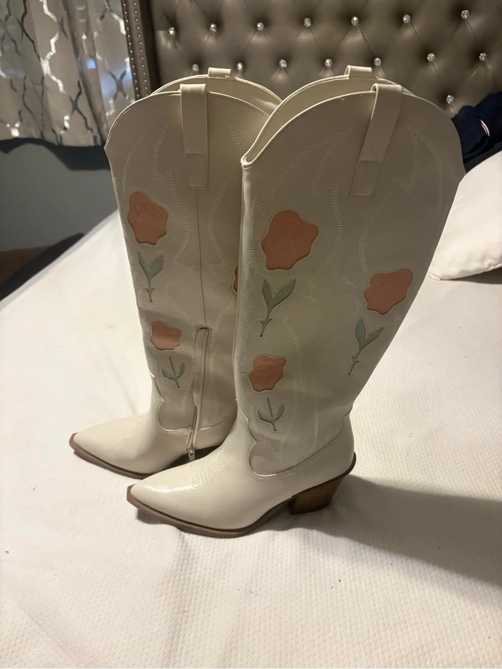 Target Cream Over-the-Knee Western Boots with Peach Floral Appliqués